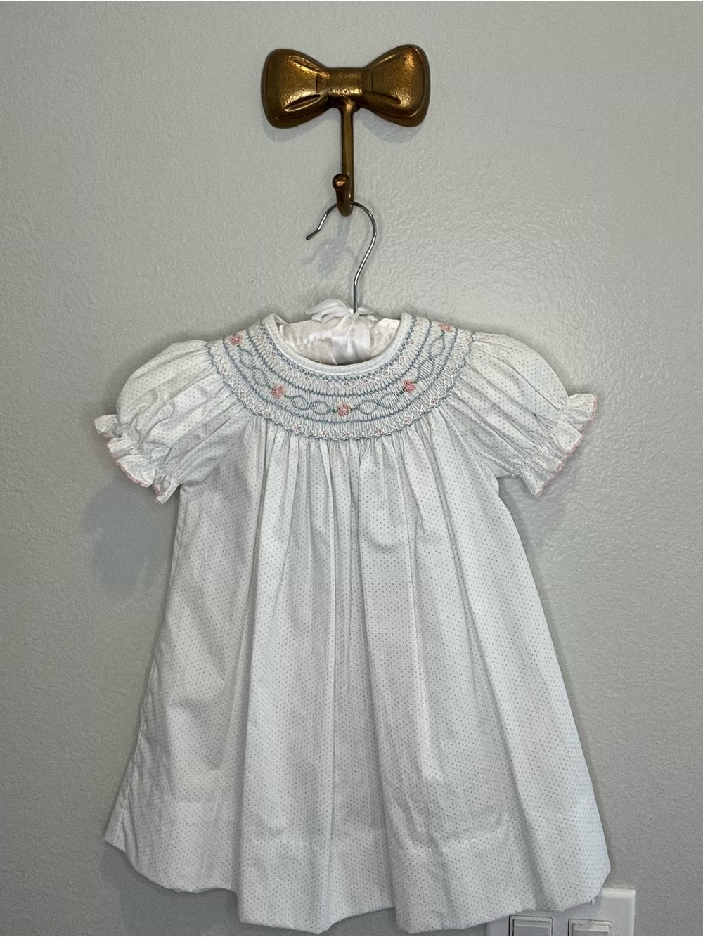 Petit Bebe White Smocked Short-Sleeve Kids Dress with Pink & Blue Detail